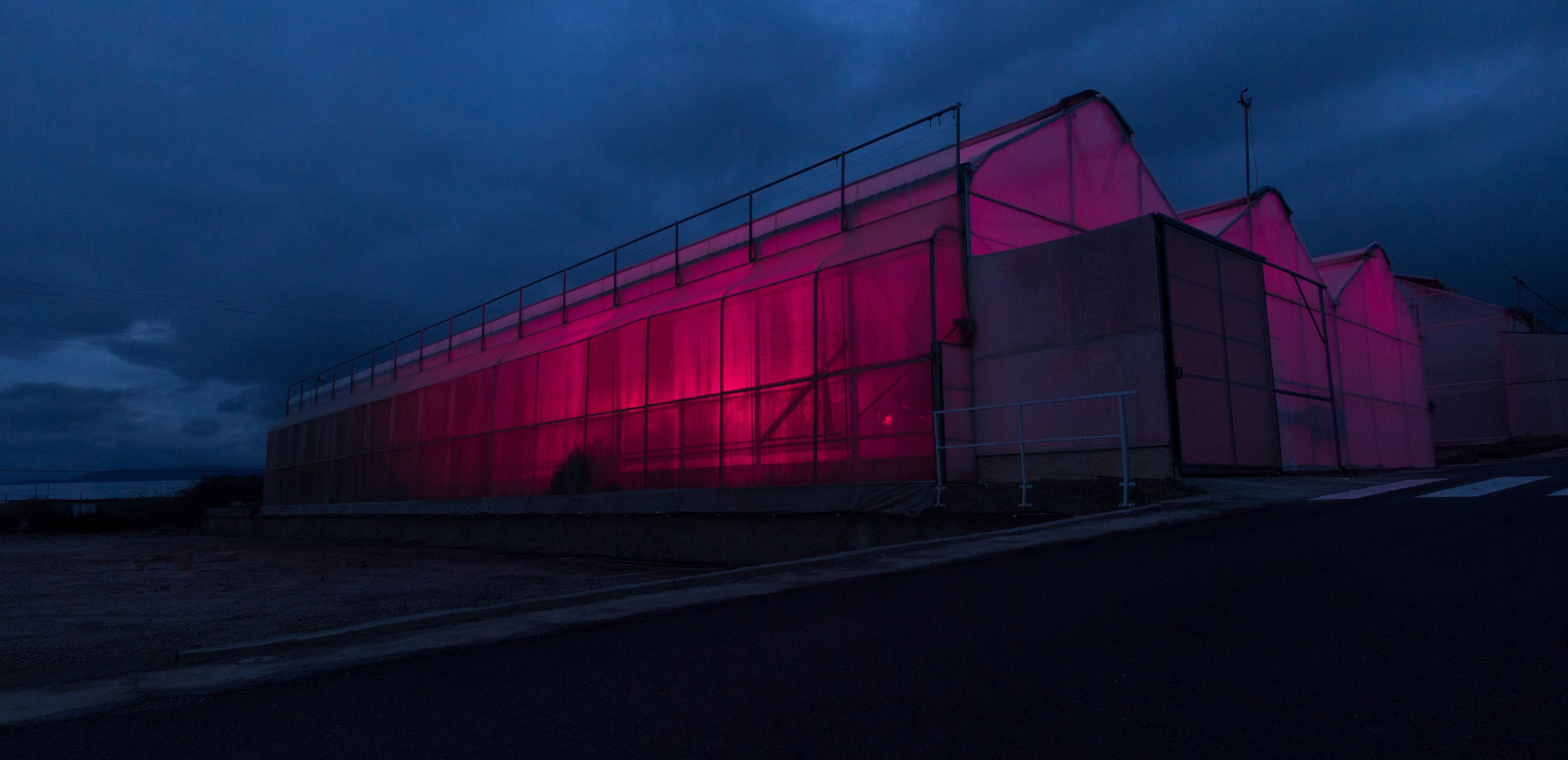 Industrial greenhouse with plastic cover with artificial light at night